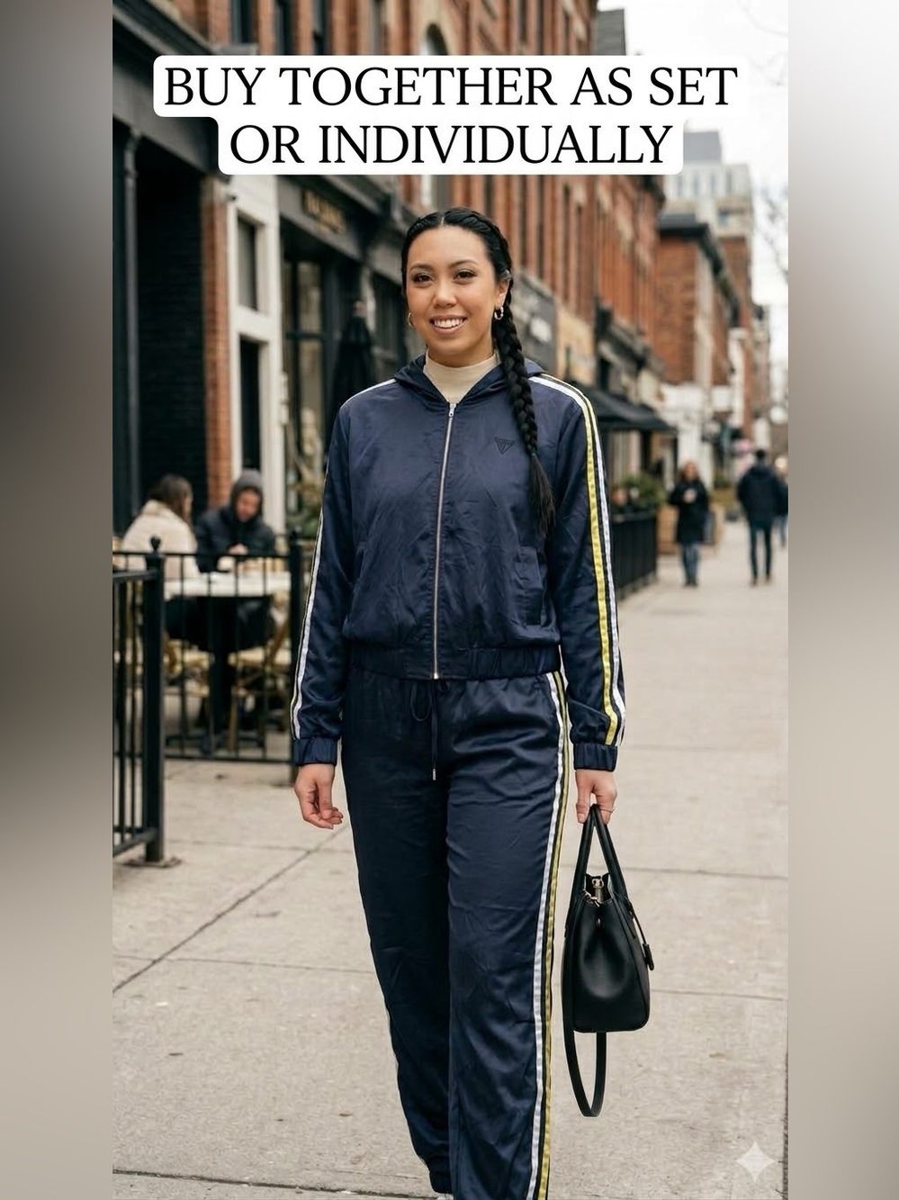 GUESS Los Angeles Satin Tracksuit Set – Navy Blue with Striped Trim (Size M)
